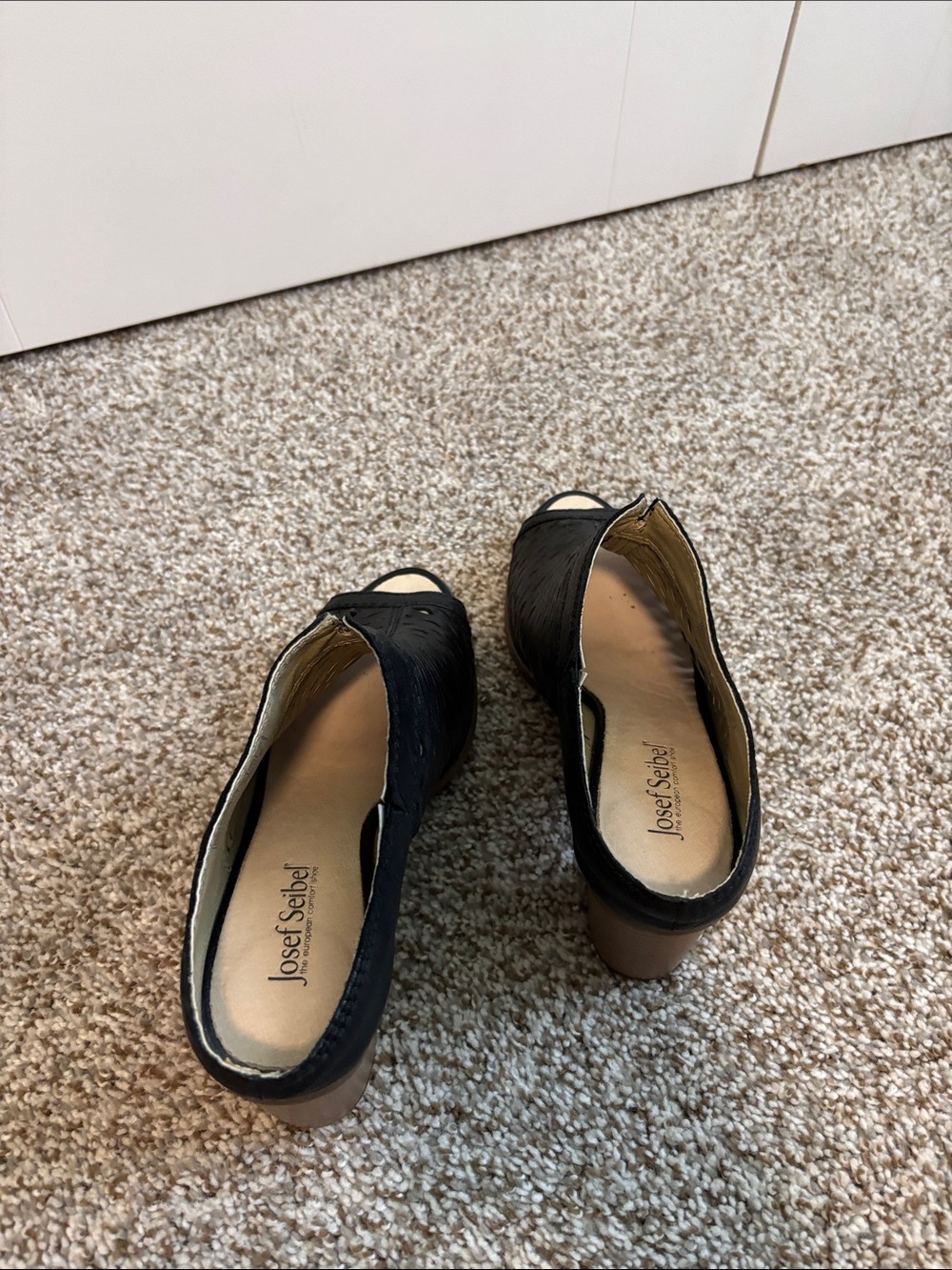 Josef Seibel Black Perforated Peep-Toe Block Heel Mules - Picture 2 of 6